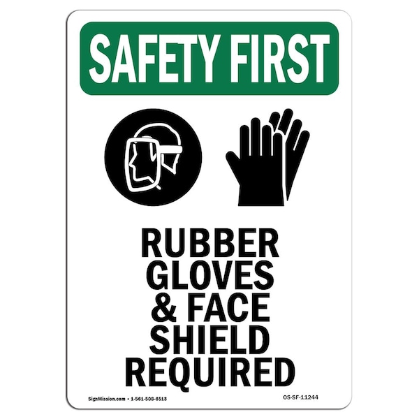 OSHA Sign, Rubber Gloves And Face W/ Symbol, 14in X 10in Aluminum, 10" W, 14" H, Portrait